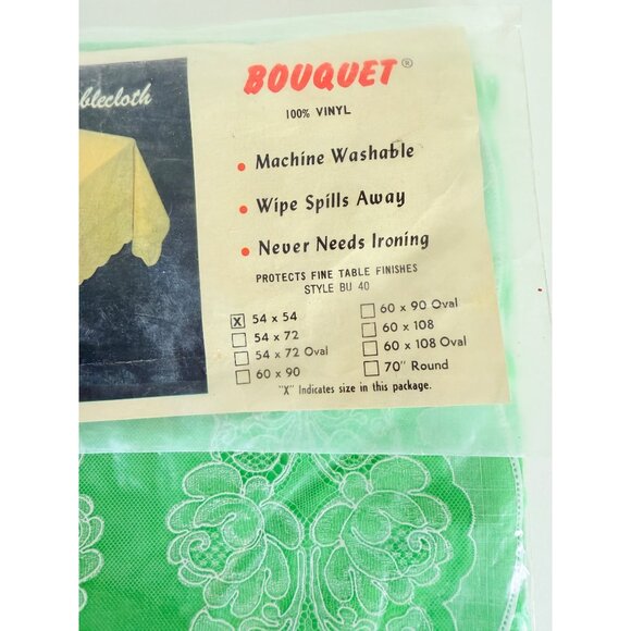 Bouquet Lace Green Vinyl Tablecloth 54 X 54 Square VTG 60s Machine Washable USA - Picture 4 of 5